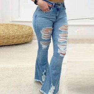 Solid Denim Distressed Bell-Bottom Jeans